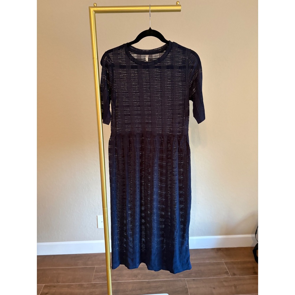 Navy Blue Sheer‎ Mesh Midi Dress Short Sleeve Crew Neck M Layering Minamalist